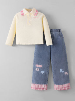 Hopscotch - Cut and Sew Embroidered Denim Fringed Jeans With Polo T-Shirt