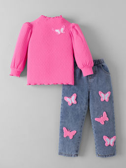 Hopscotch - Butterfly Embroidered Denim Loose Jeans With Top