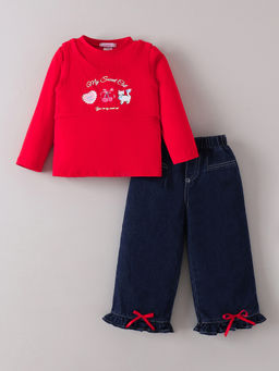 Hopscotch - Bow Applique Denim Loose Jeans With Top