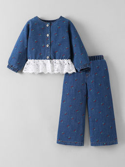 Hopscotch - Cherry Embroidered Denim Wide Leg Jeans with Top