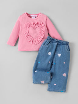 Hopscotch - Ruffled Heart Denim Loose Jeans With Top