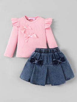 Hopscotch - Bow Applique Top and Denim Skirt