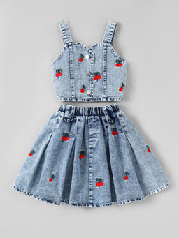 Hopscotch - Cherry Embroidered Denim Skirt With Crop Top