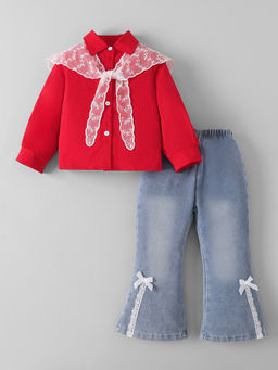 Hopscotch - Bow Applique Denim Wide Leg Jeans With Top & Shawl