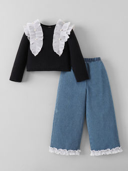 Hopscotch - Ruffle Denim Fringed Denim Jeans With Top