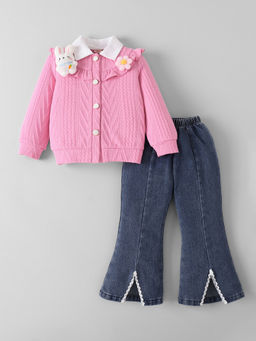 Hopscotch - Bunny and Floral Denim Wide Leg Jeans With Top