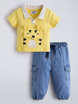 Hopscotch - Tiger Applique Denim Joggers Jeans With Polo T-Shirt