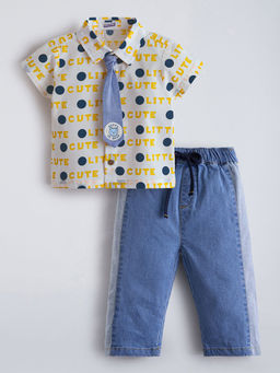 Hopscotch - Typography Denim Straight Jeans with Tie & Shirt