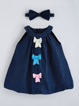 Hopscotch - Bow Applique Cotton Denim Dress with Headband