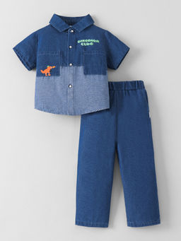 Hopscotch - Colour Block Barrel Fit Denim Jeans With Shirt