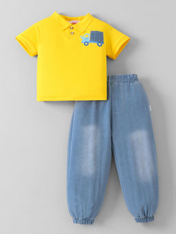 Hopscotch - Vehicle Patch Denim Jogger Fit Jeans With Polo T-Shirt