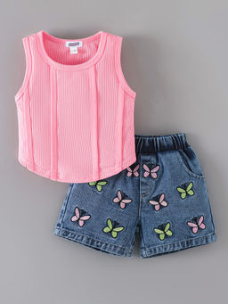 Hopscotch - Butterfly Embroidered Denim Shorts With Top