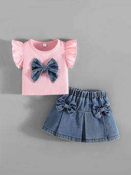 Hopscotch - Denim Bow Applique Ruffled Skirt With Top