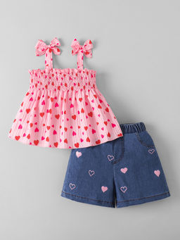 Hopscotch - Smocked Blouse and Denim Shorts With Top