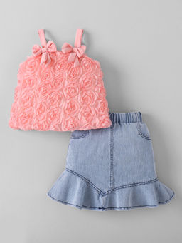 Hopscotch - 3D Rose Applique Denim Skirt With Top