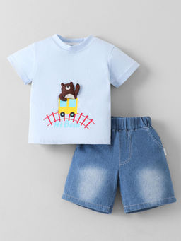 Hopscotch - 3D Bear Denim Shorts With T-Shirt