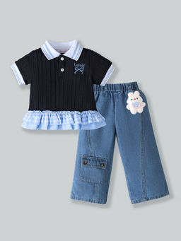 Hopscotch - Checkered Denim Loose Jeans With Polo T-Shirt & Doll