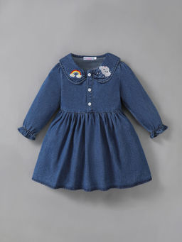 Hopscotch - Rainbow Embroidered Denim Dress