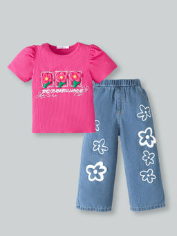 Hopscotch - Floral Applique Denim Loose Jeans with Top