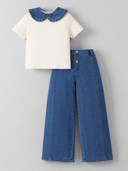 Hopscotch - Detachable Collar & Wide Leg Denim Jeans With Top
