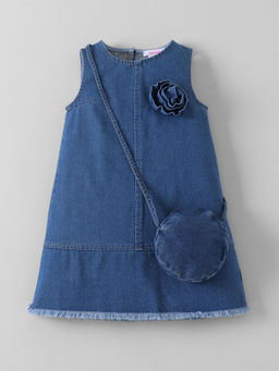 Hopscotch - Floral Applique Denim Dress with Bag
