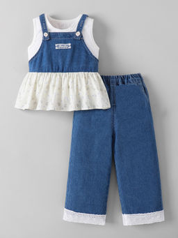 Hopscotch - Floral Denim Fringed Jeans With T-Shirt & Vest