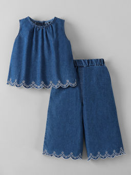 Hopscotch - Scalloped Hem Denim Wide Leg Jeans With Top