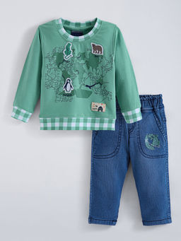 Hopscotch - Checkered Denim Regular green Jeans With T-Shirt