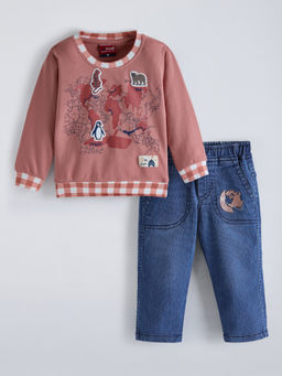 Hopscotch - Checkered Denim Regular Red Jeans With T-Shirt