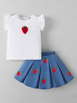 Hopscotch - Strawberry Applique Denim Skirt With Top