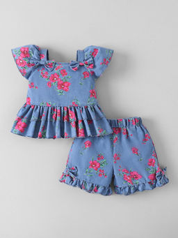 Hopscotch - Floral Denim Shorts With Top