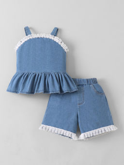 Hopscotch - Lace Pleated Denim Shorts With Top