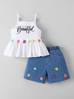 Hopscotch - Floral Applique Denim Shorts With Top
