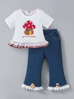 Hopscotch - Mushroom Embroidered Fringed Denim Jeans With Top