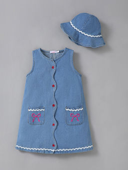 Hopscotch - Bow Embroidered Denim Dress and Hat
