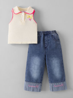 Hopscotch - Textured Loose Denim Jeans With Top