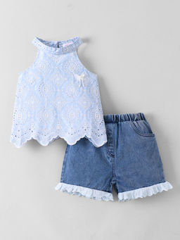 Hopscotch - Halter Neck Schiffli Denim Shorts With Top