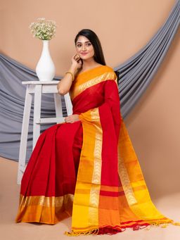 LAA CALCUTTA - Red & Yellow Pure Cotton Solid Handloom Saree without Blouse