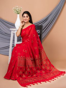 LAA CALCUTTA - Red & Multi Silk Cotton Floral Design Handloom Saree with Unstitched Blouse