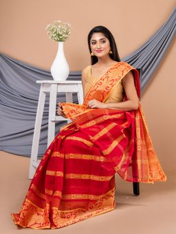LAA CALCUTTA - Red & Yellow Pure Cotton Floral Design Jamdani Saree without Blouse