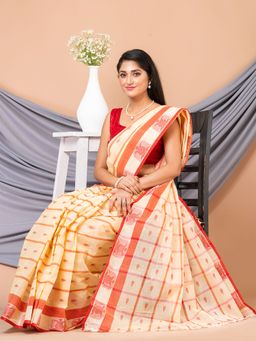 LAA CALCUTTA - Beige & Red Pure Cotton Ethnic Motifs Taant Saree without Blouse