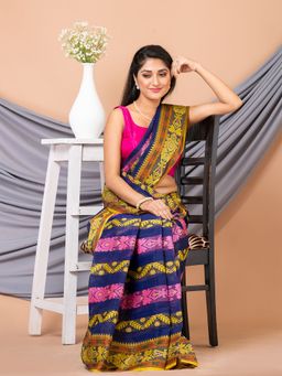 LAA CALCUTTA - Navy Blue & Multi Pure Cotton Floral Design Taant Saree without Blouse