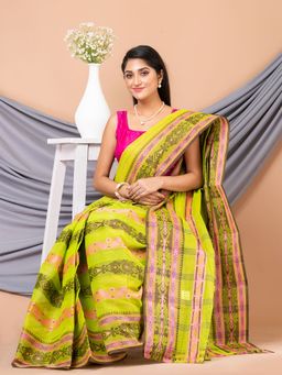 LAA CALCUTTA - Green & Multi Pure Cotton Floral Design Taant Saree without Blouse