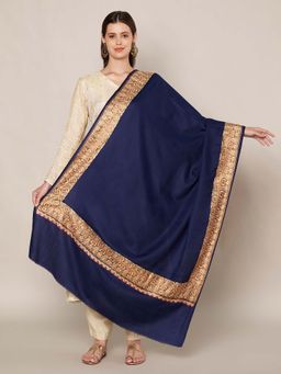 MUFFLY - Wool Blend Golden Embroidered Border Shawl - Blue