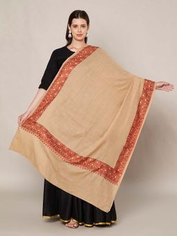 MUFFLY - Wool Blend Golden Embroidered Border Shawl - Beige
