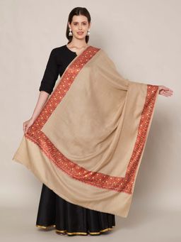 MUFFLY - Wool Blend Golden Embroidered Border Shawl - Ivory