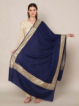 MUFFLY - Wool Blend Golden Embroidered Border Shawl - Blue