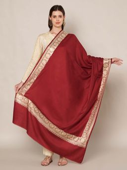 MUFFLY - Wool Blend Golden Embroidered Border Shawl - Maroon