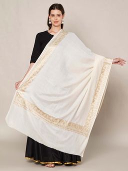 MUFFLY - Wool Blend Golden Embroidered Border Shawl - White