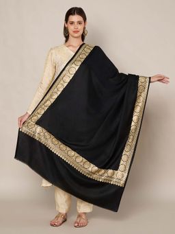 MUFFLY - Wool Blend Golden Embroidered Border Shawl - Black
